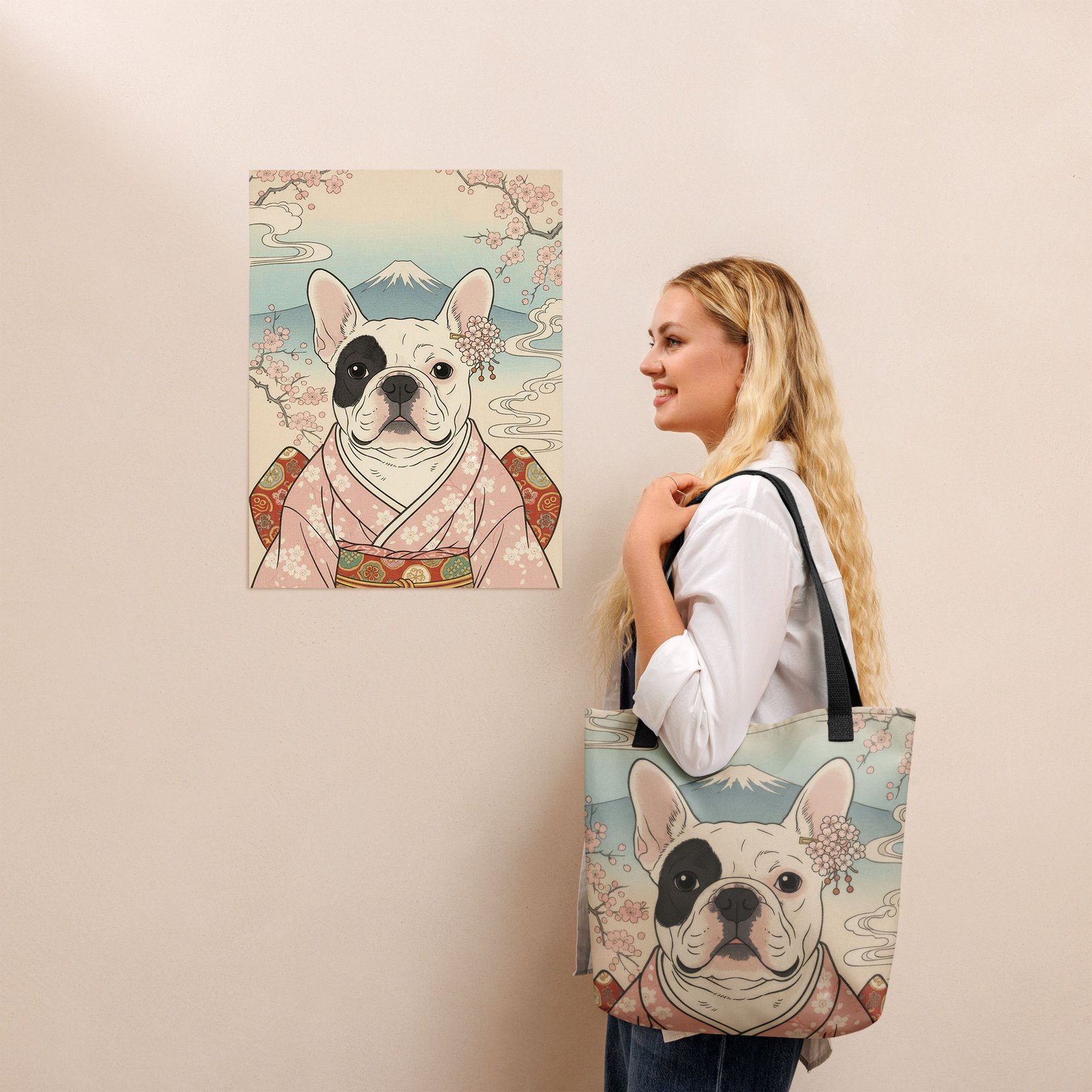 personalized canvas tote bag printed with a playful French Bulldog art design