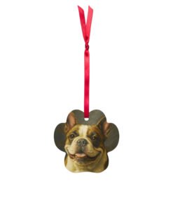 Custom metal ornament in a pet paw shape with red ribbon, featuring a personalized pet photo.