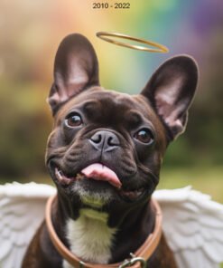 Custom French Bulldog memorial portrait with angel wings, golden halo, and rainbow park background