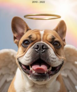 Custom French Bulldog memorial portrait with angel wings, golden halo, and rainbow sky background