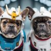 Custom digital Gundam-style pet portrait of a French Bulldog in white, blue, red, and yellow mech armor