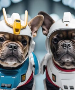 Custom digital Gundam-style pet portrait of a French Bulldog in white, blue, red, and yellow mech armor