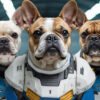 Custom digital Gundam-style pet portrait of a French Bulldog in white, blue, red, and yellow mech armor