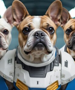 Custom digital Gundam-style pet portrait of a French Bulldog in white, blue, red, and yellow mech armor