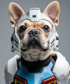 Custom digital Gundam-style pet portrait of a French Bulldog in white, blue, red, and yellow mech armor