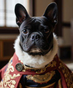 Custom digital Japanese royal pet portrait of a French Bulldog in traditional imperial attire