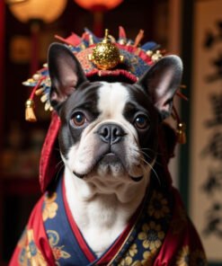 Custom digital Kabuki pet portrait of a French Bulldog in vivid Japanese theater costume and makeup