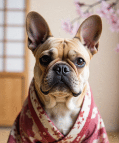 Custom digital pet portrait of a French Bulldog wearing a traditional female Japanese kimono with seasonal floral patterns