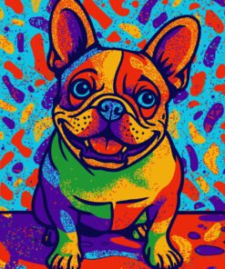 Custom digital pop art pet portrait of a French Bulldog with vibrant colors and comic-style design