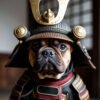 Custom digital samurai-style pet portrait of a French Bulldog wearing traditional Japanese armor