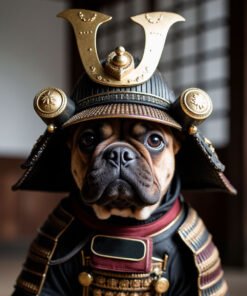 Custom digital samurai-style pet portrait of a French Bulldog wearing traditional Japanese armor