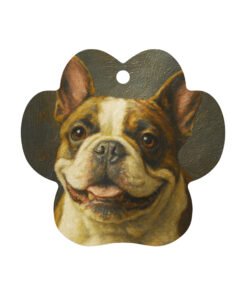 Custom metal ornament in a pet paw shape with red ribbon, featuring a personalized pet photo.